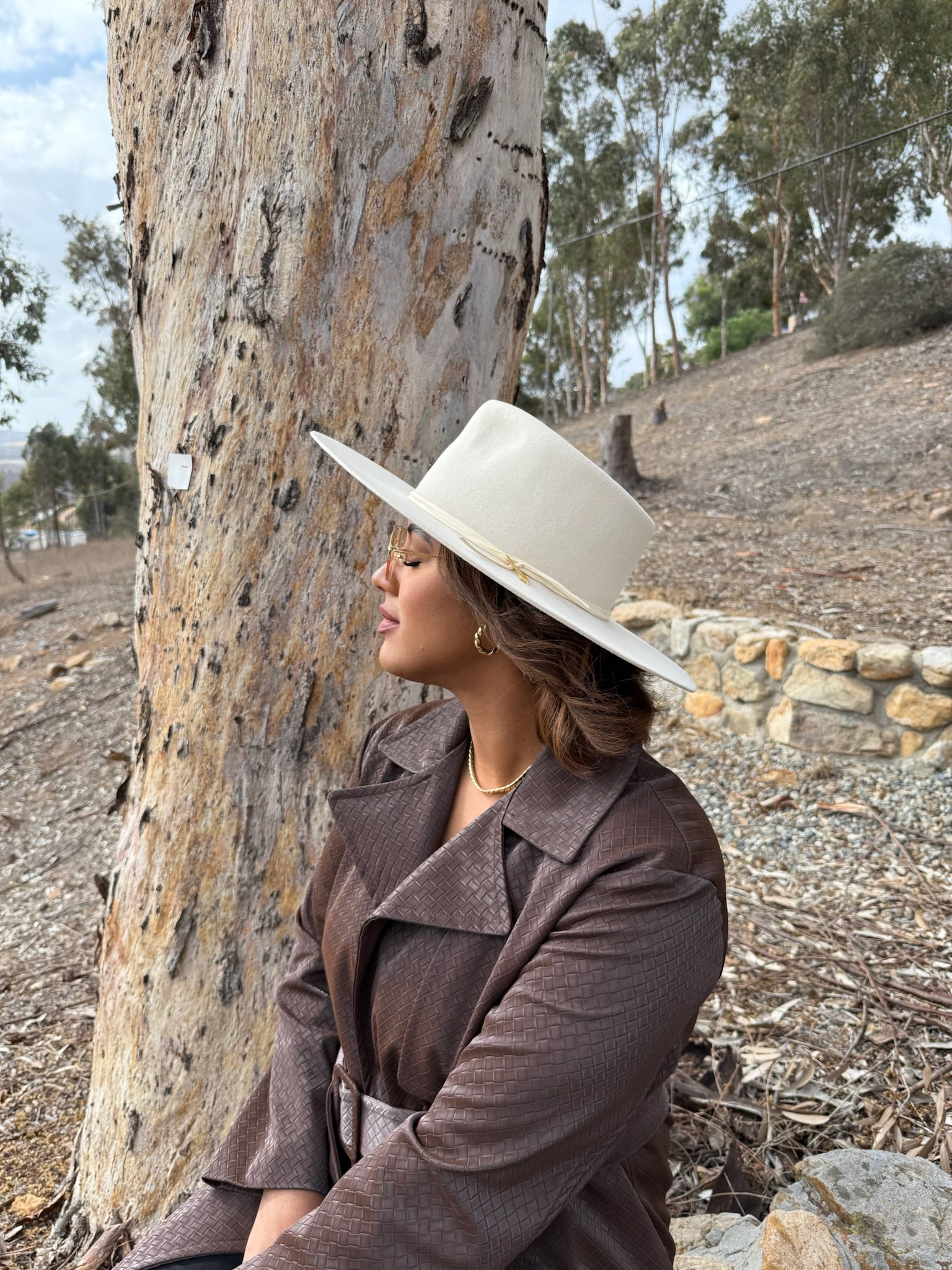 Person wearing a wide-brimmed hat and coat in a natural setting with trees and rocks.